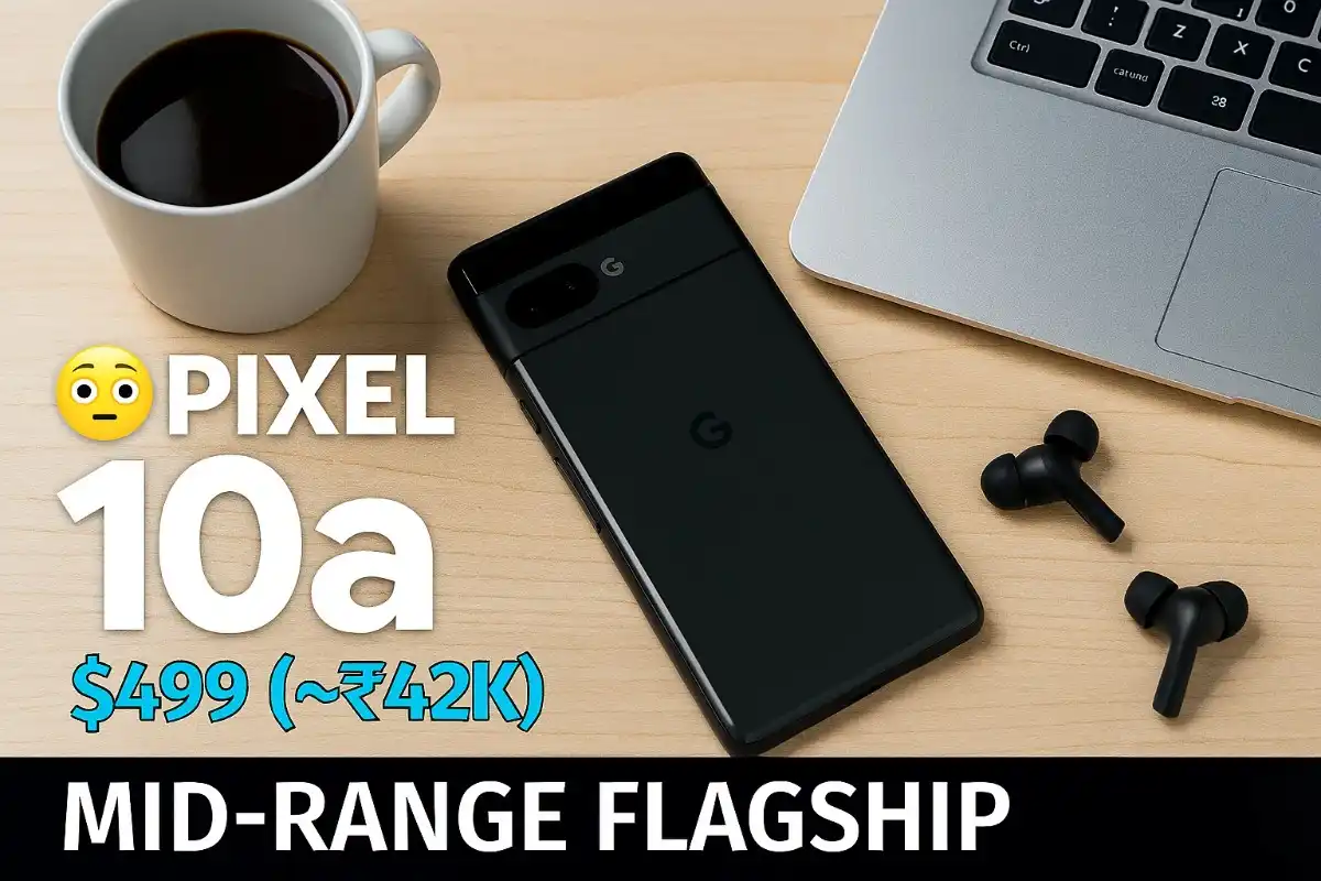 pixel 10a lifestyle desk coffee laptop earbuds