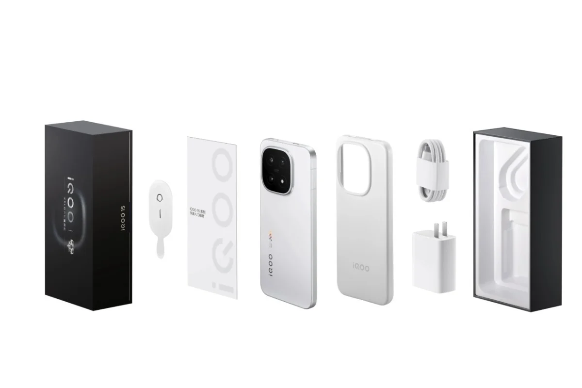 iQOO 15 unboxing showing box contents including phone, 100W charger, USB cable, quick start guide, SIM ejector tool, and protective case