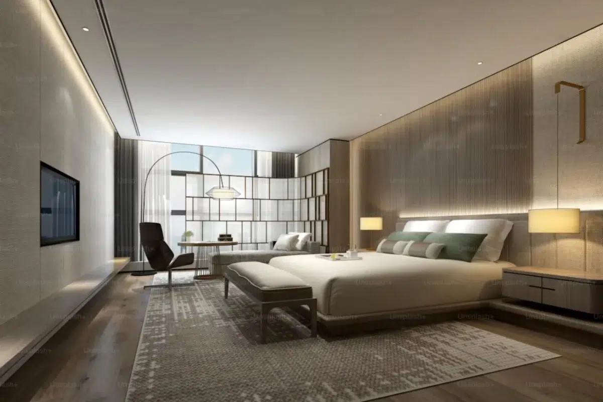 Modern hotel room interior at mid-range New York hotel with city views