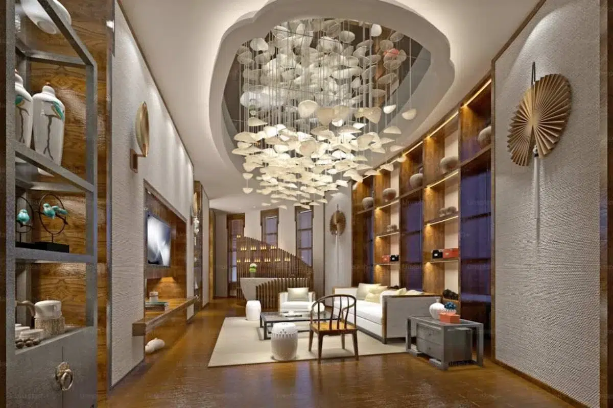 Elegant luxury hotel lobby in New York with crystal chandeliers and marble floors